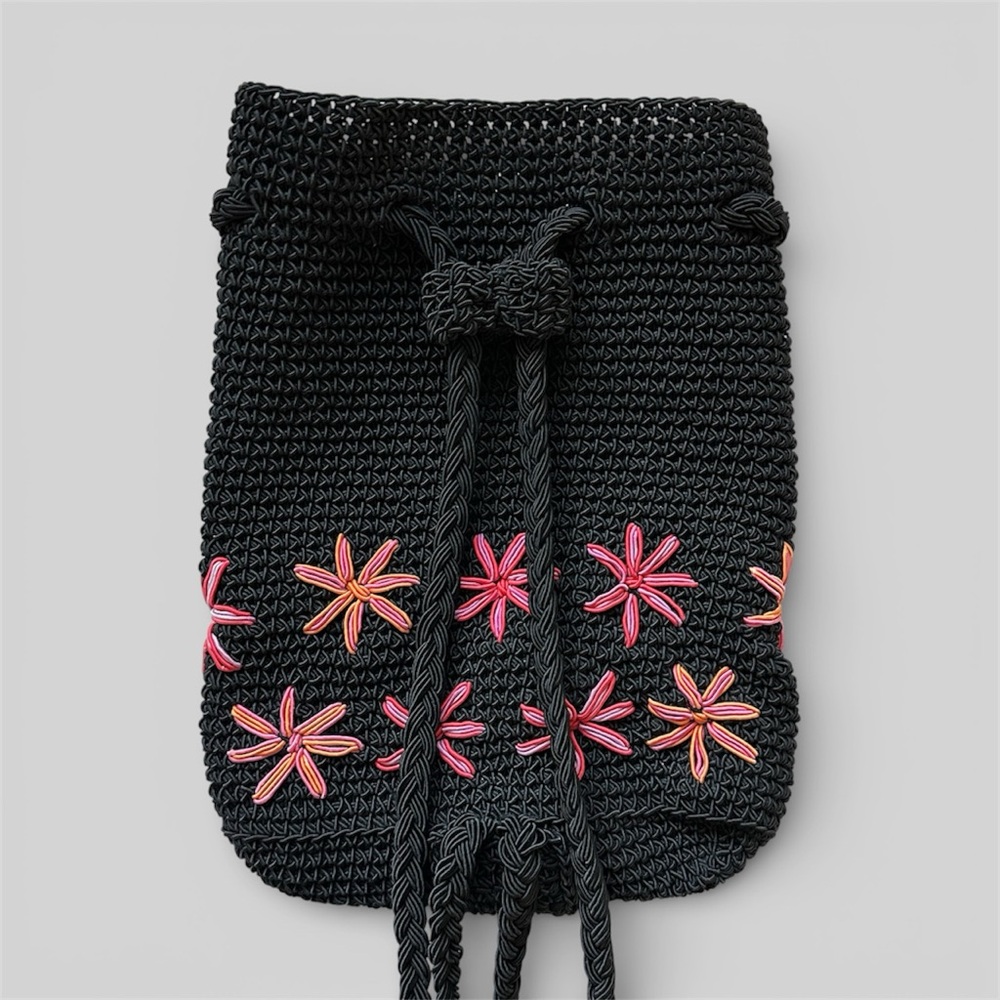Y2K Xhilaration Black Mini Bag Drawstring Backpack with Pink Floral Elastic